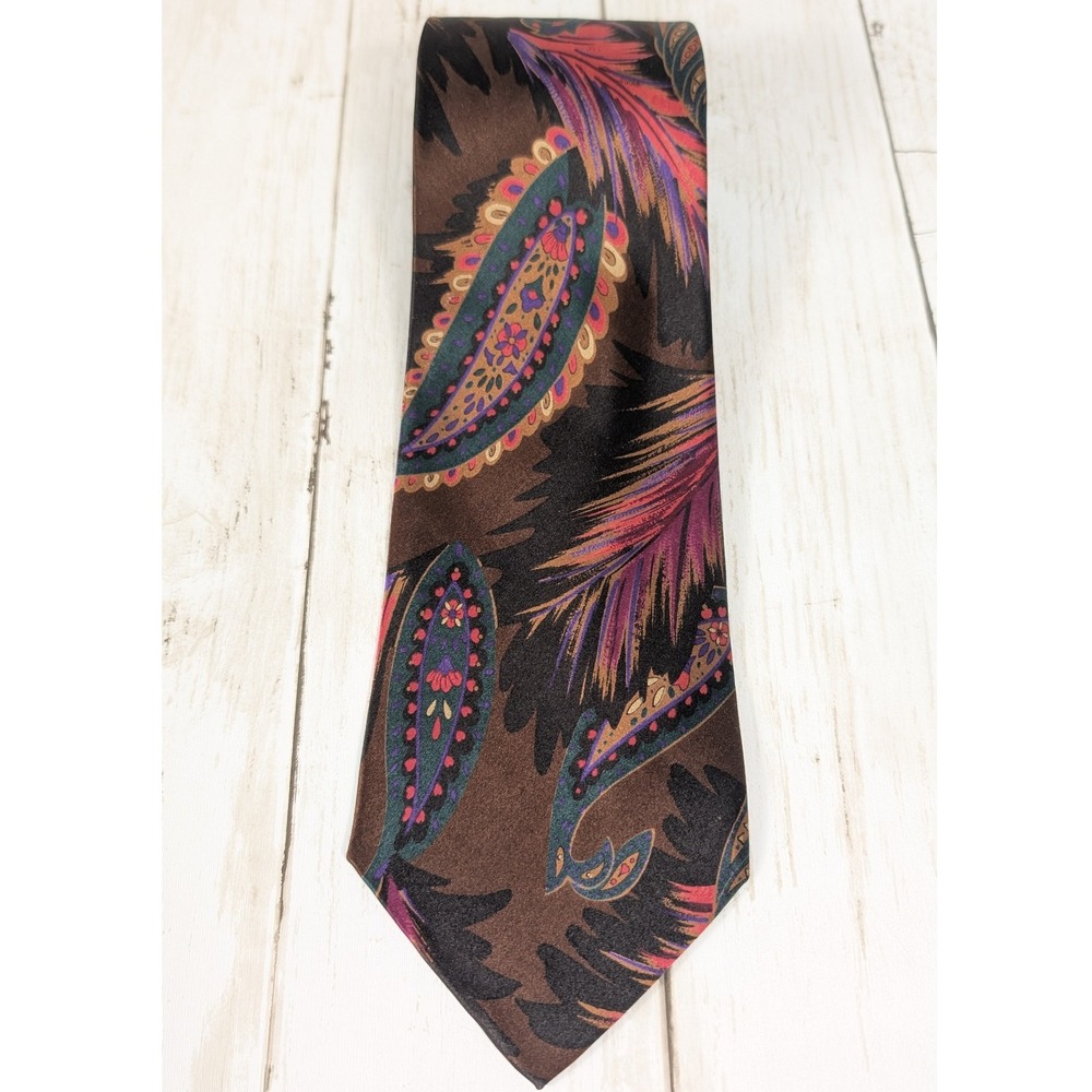 Serica Italian Silk Necktie Brown Paisley‎ Print Men's 90s Vintage